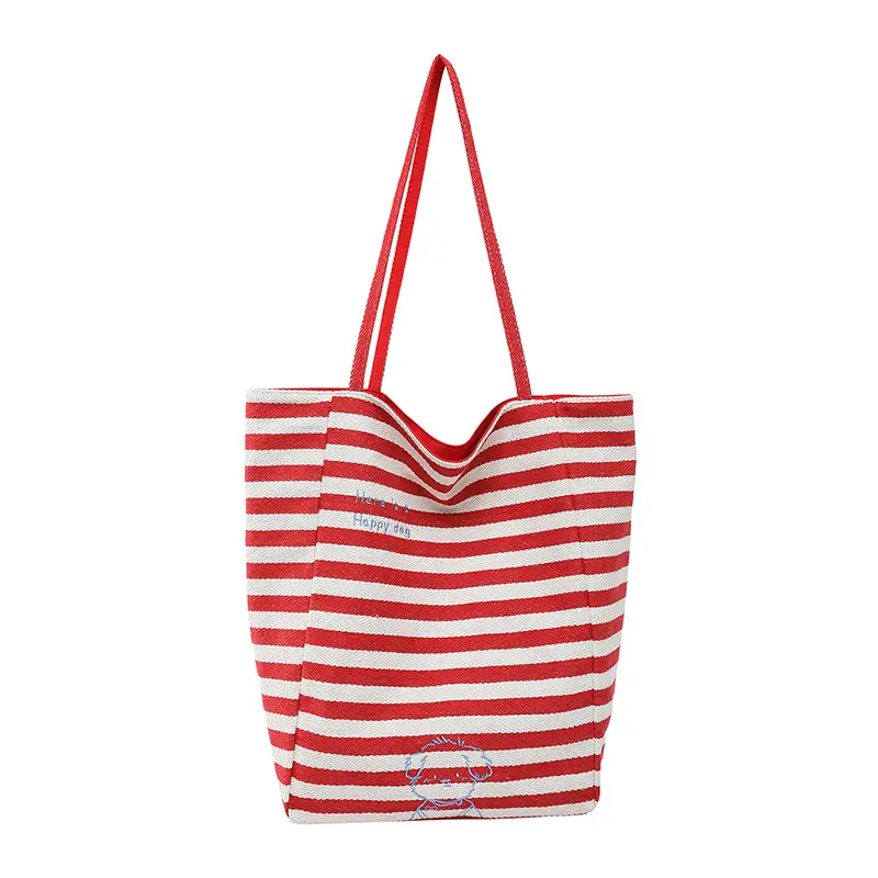 Women Red Striped Canvas Commuting Bag Large Capacity - Image 3
