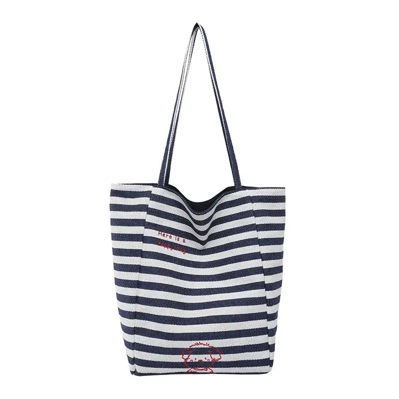 Women Red Striped Canvas Commuting Bag Large Capacity - Image 4