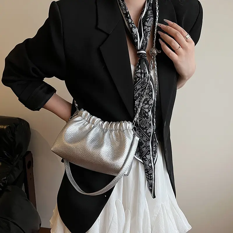 White Pleated Cloud Bag for Women with Chain Strap - Image 7