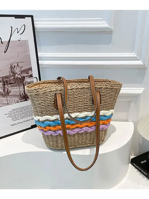 Women Straw Beach Bag Large Capacity Leather Handle - Image 7