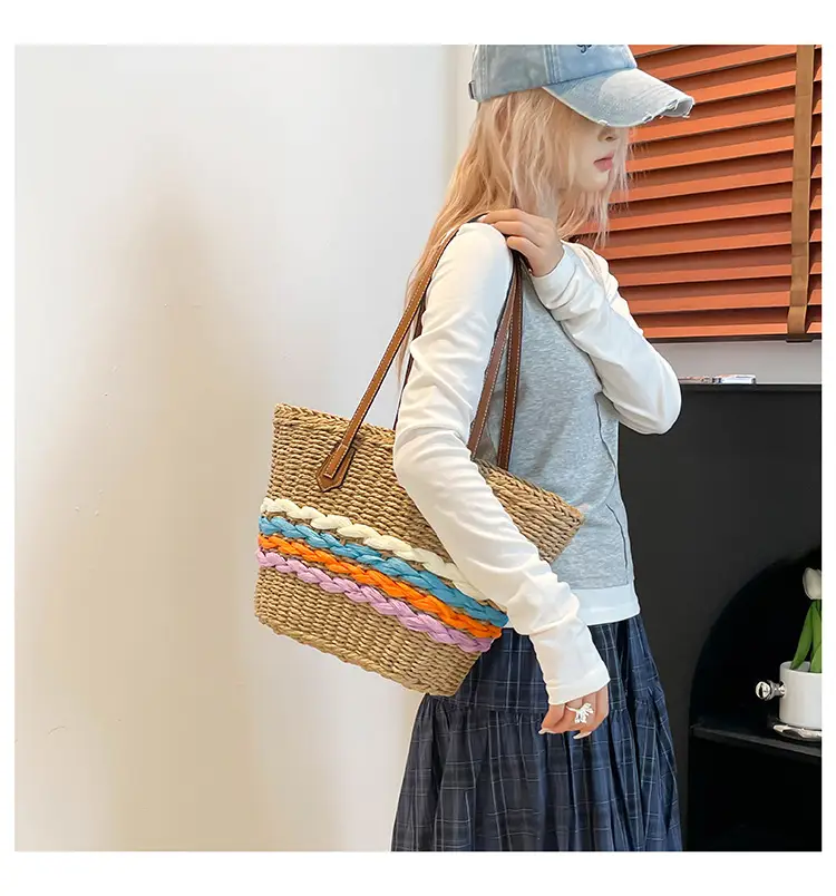 Women Straw Beach Bag Large Capacity Leather Handle — feature 15