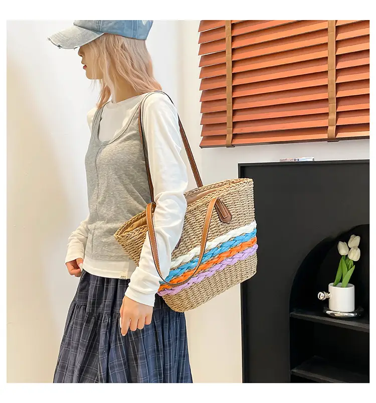 Women Straw Beach Bag Large Capacity Leather Handle — feature 16