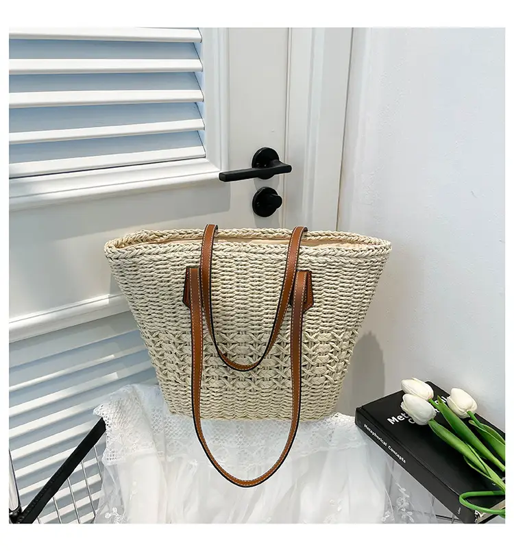 Women Straw Beach Bag Large Capacity Leather Handle — feature 20