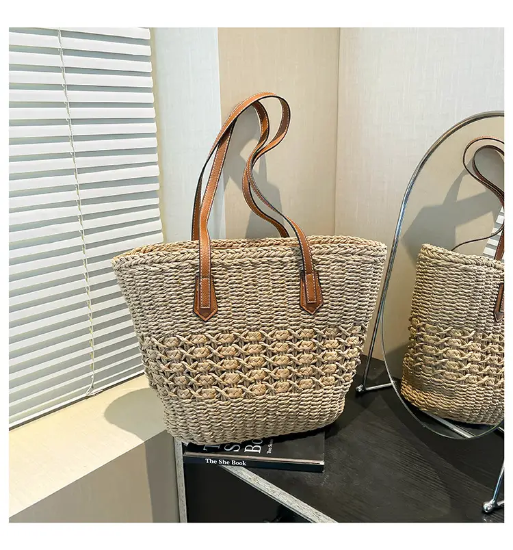 Women Straw Beach Bag Large Capacity Leather Handle — feature 21
