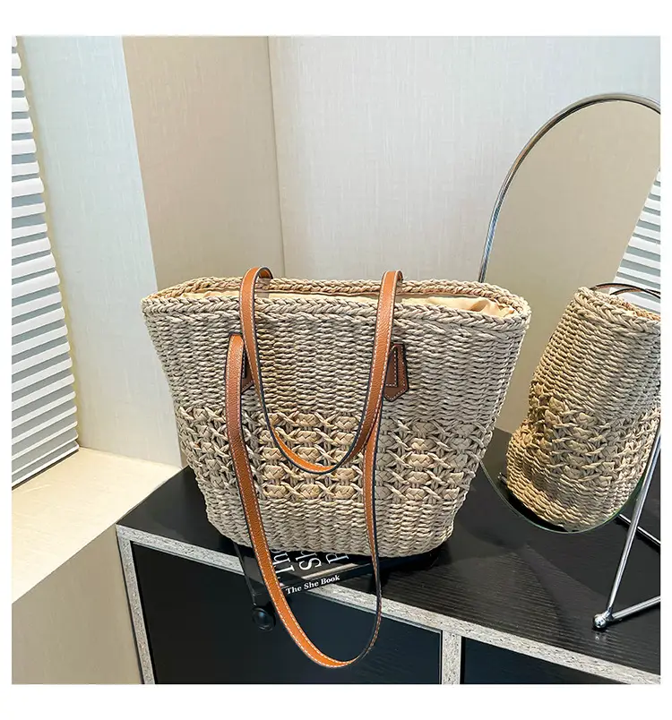 Women Straw Beach Bag Large Capacity Leather Handle — feature 22