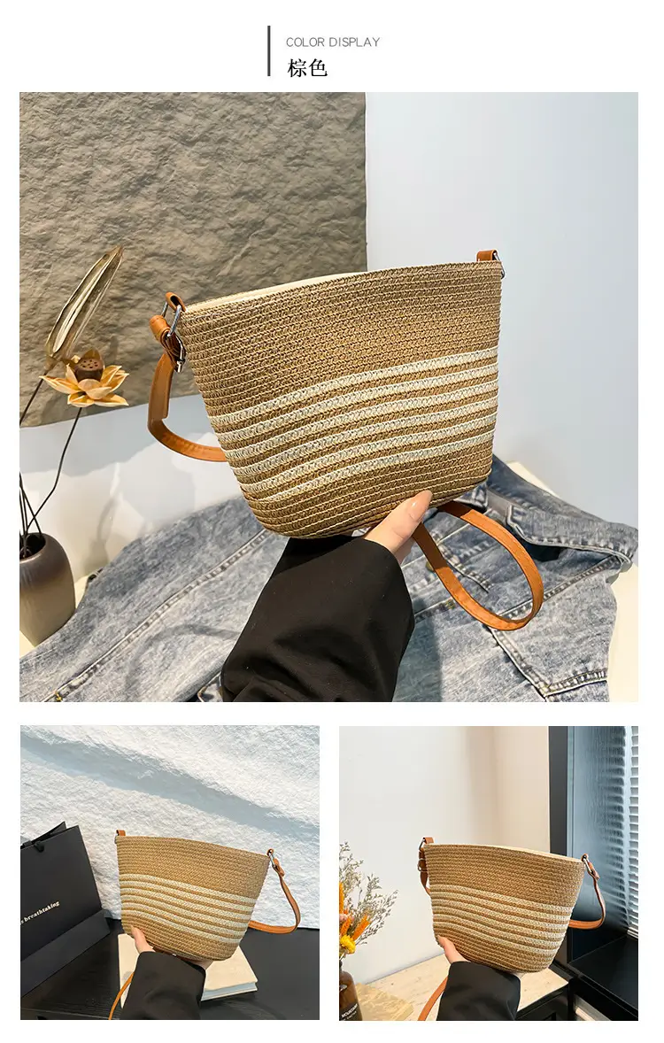 Women Straw Woven Bucket Bag Large Capacity One Shoulder — feature 17