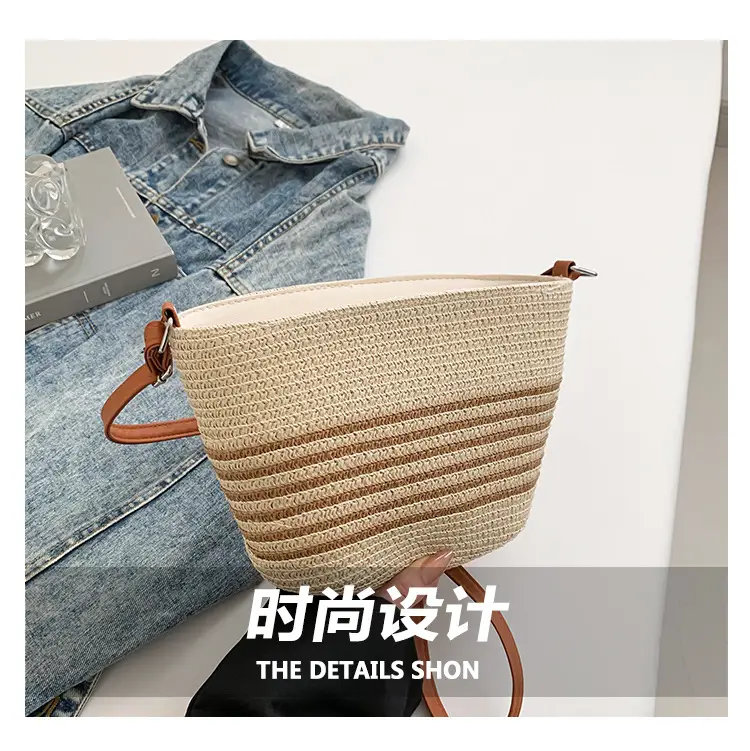 Women Straw Woven Bucket Bag Large Capacity One Shoulder — feature 7