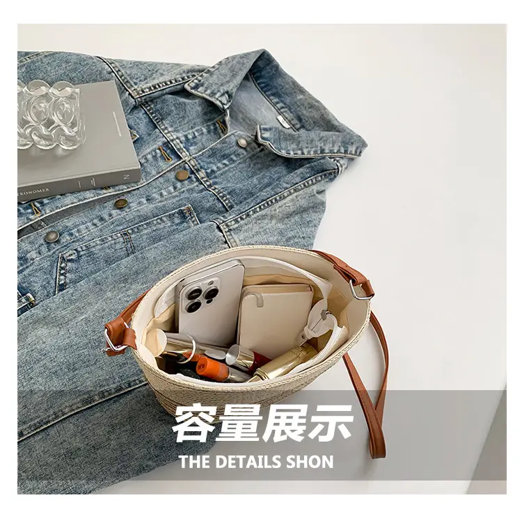 Women Straw Woven Bucket Bag Large Capacity One Shoulder — feature 8