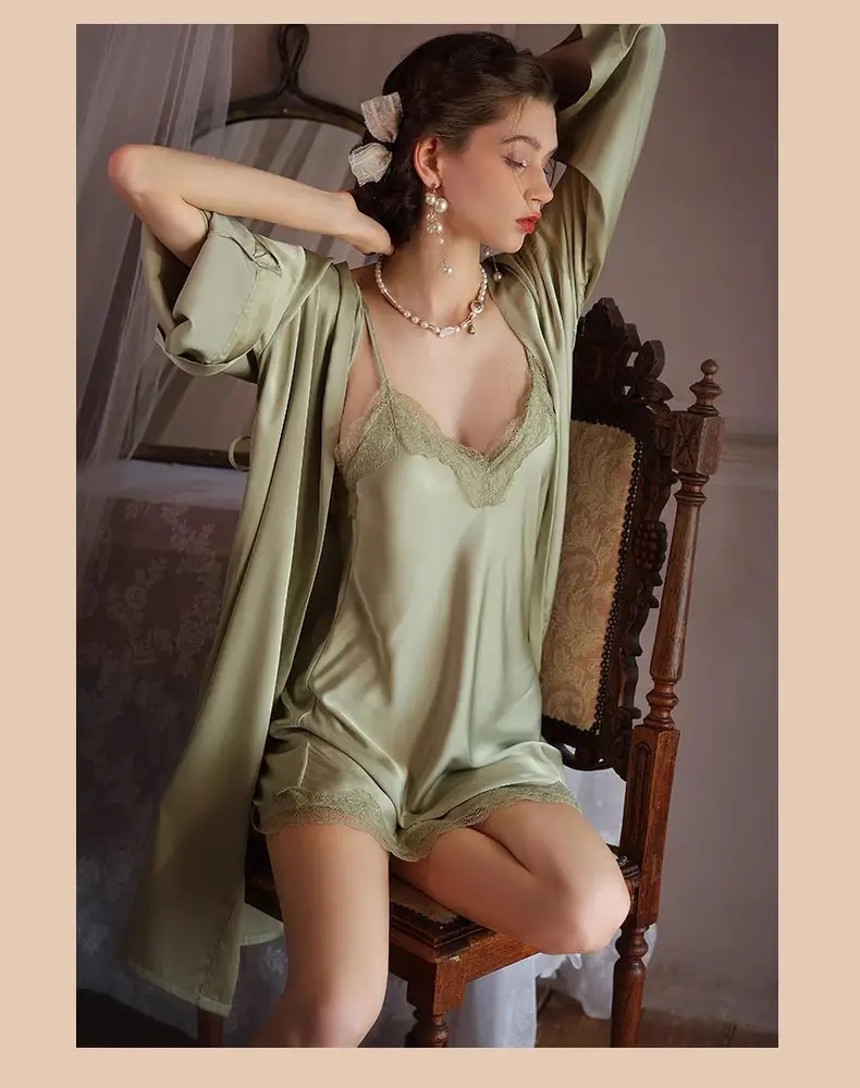 New Style Nightgown for Women in Spring, Autumn and Summer, Sexy Silk Nightgown, Thin, High-End Ice Silk Suspender Pajamas Two-Piece Set — feature 25