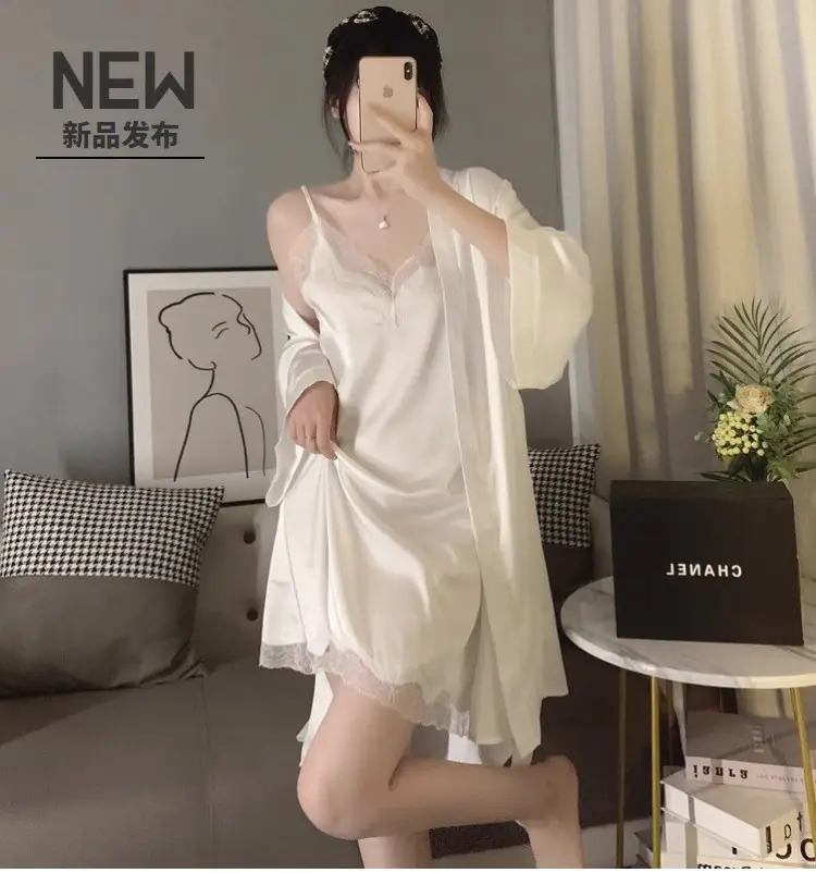 New Style Nightgown for Women in Spring, Autumn and Summer, Sexy Silk Nightgown, Thin, High-End Ice Silk Suspender Pajamas Two-Piece Set