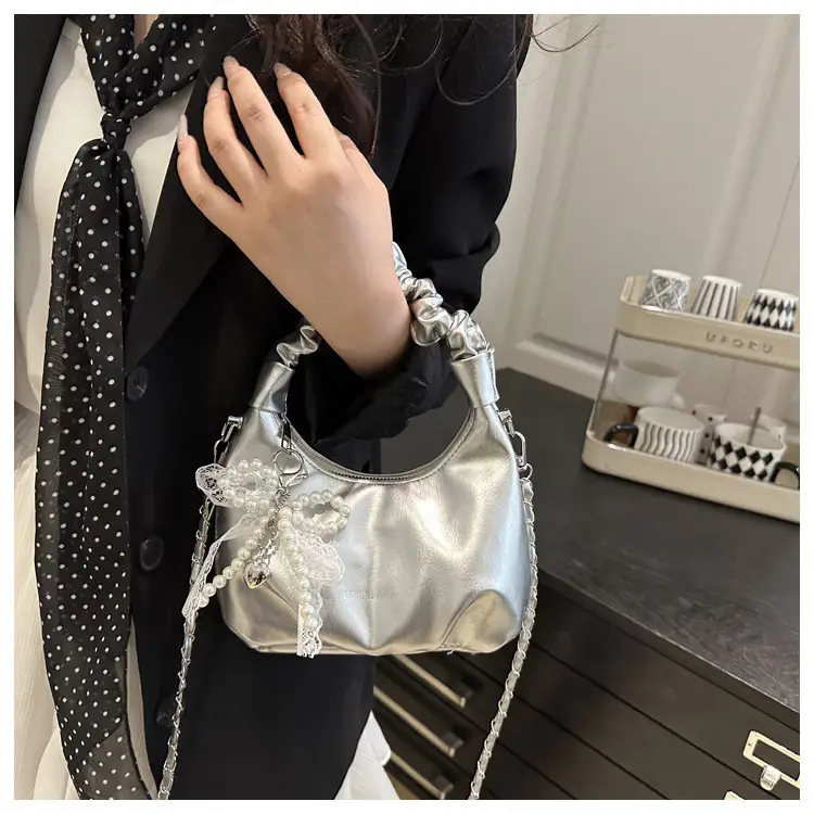 Elegant Pleated Shoulder Bag with Lace Detail — feature 9