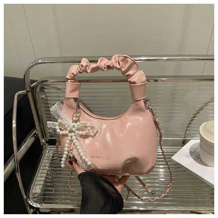 Elegant Pleated Shoulder Bag with Lace Detail - Image 2