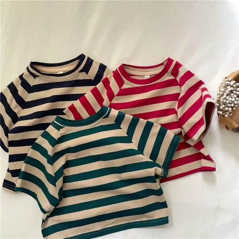Kids Striped T-Shirt Short Sleeve Cotton Green Beige
