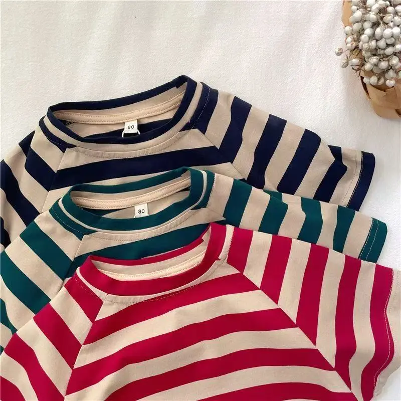 Kids Striped T-Shirt Short Sleeve Cotton Green Beige — feature 1