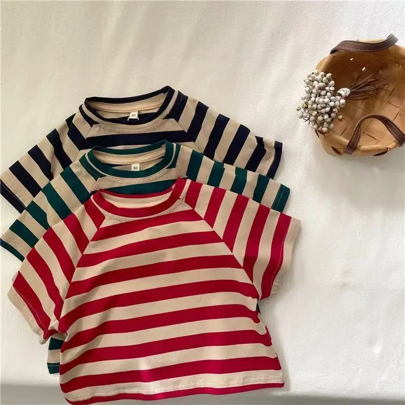 Kids Striped T-Shirt Short Sleeve Cotton Green Beige — feature 2