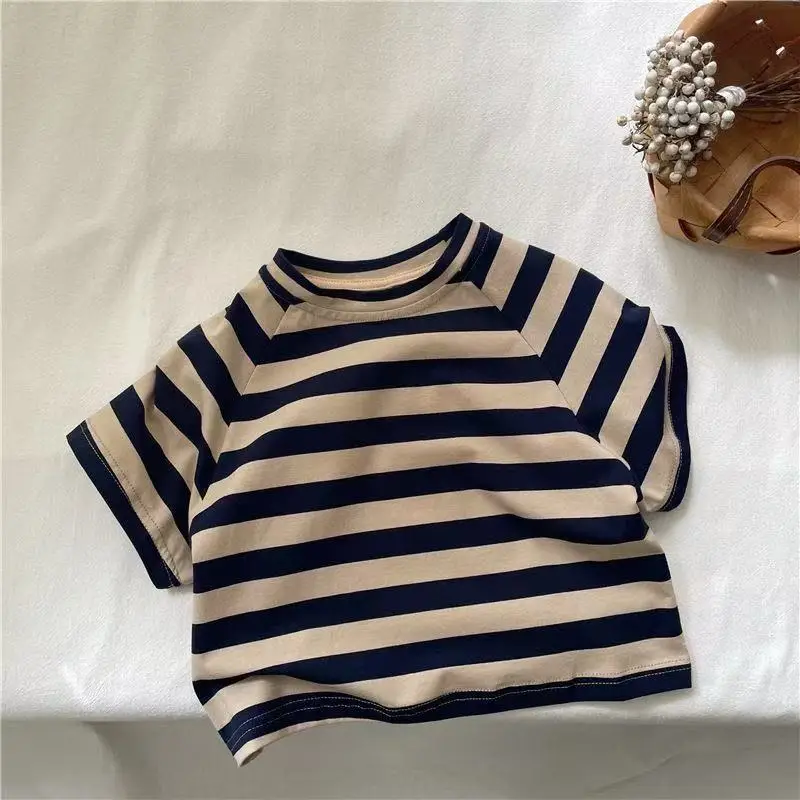 Kids Striped T-Shirt Short Sleeve Cotton Green Beige — feature 5