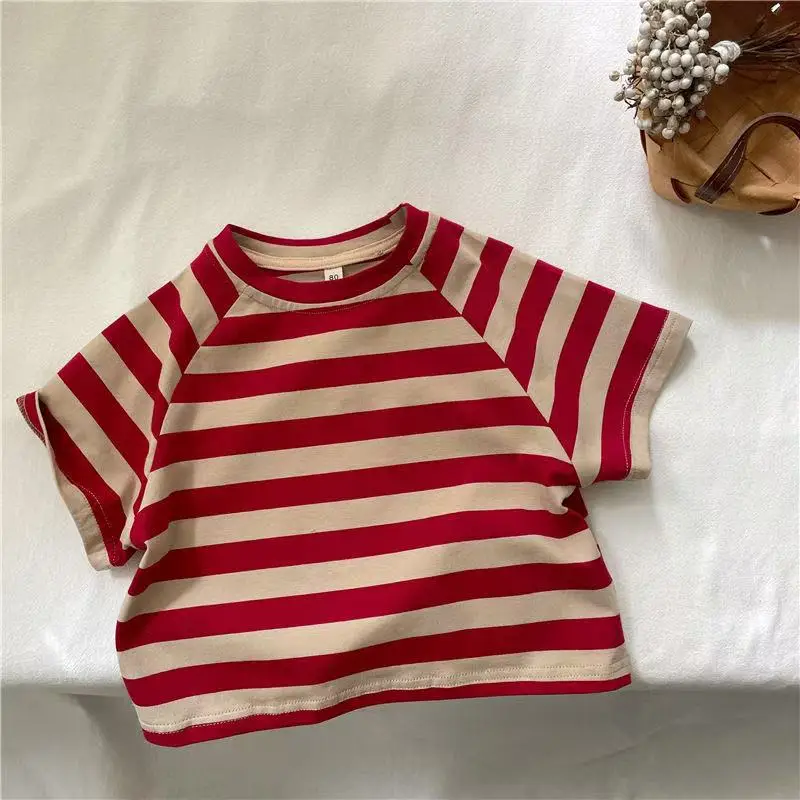 Kids Striped T-Shirt Short Sleeve Cotton Green Beige — feature 6