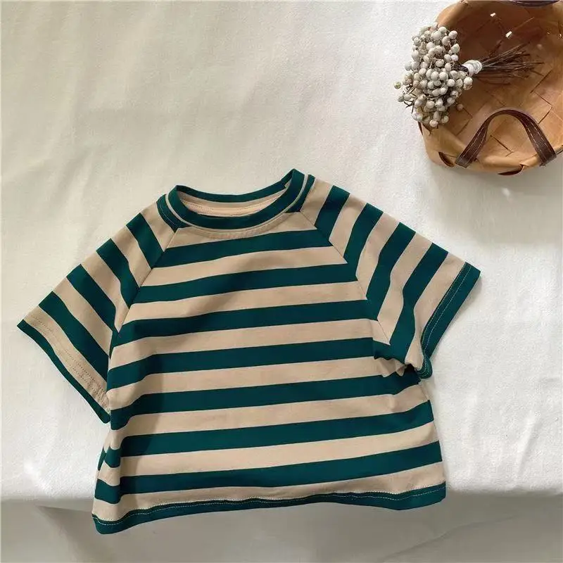 Kids Striped T-Shirt Short Sleeve Cotton Green Beige