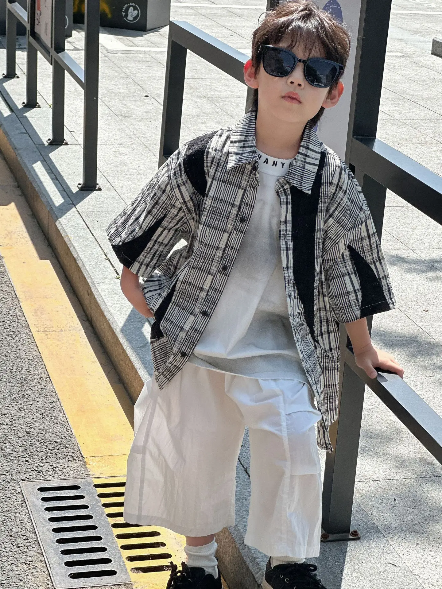 Kids Cotton Plaid Shirt White Pants Summer Wear 2025 - Image 4