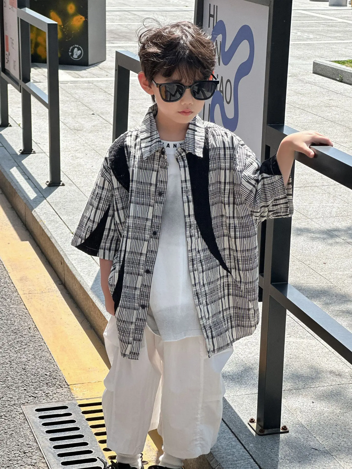 Kids Cotton Plaid Shirt White Pants Summer Wear 2025 - Image 5