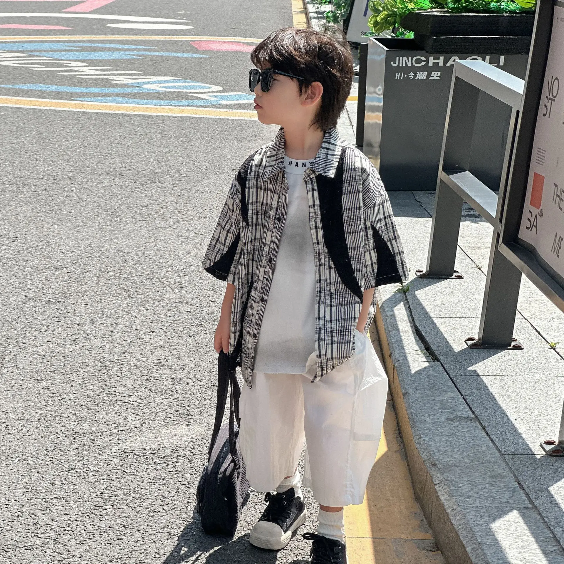 Kids Cotton Plaid Shirt White Pants Summer Wear 2025 — feature 11