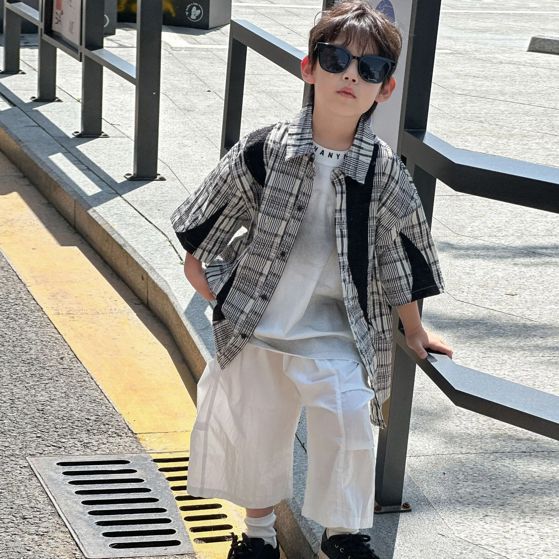 Kids Cotton Plaid Shirt White Pants Summer Wear 2025 — feature 7
