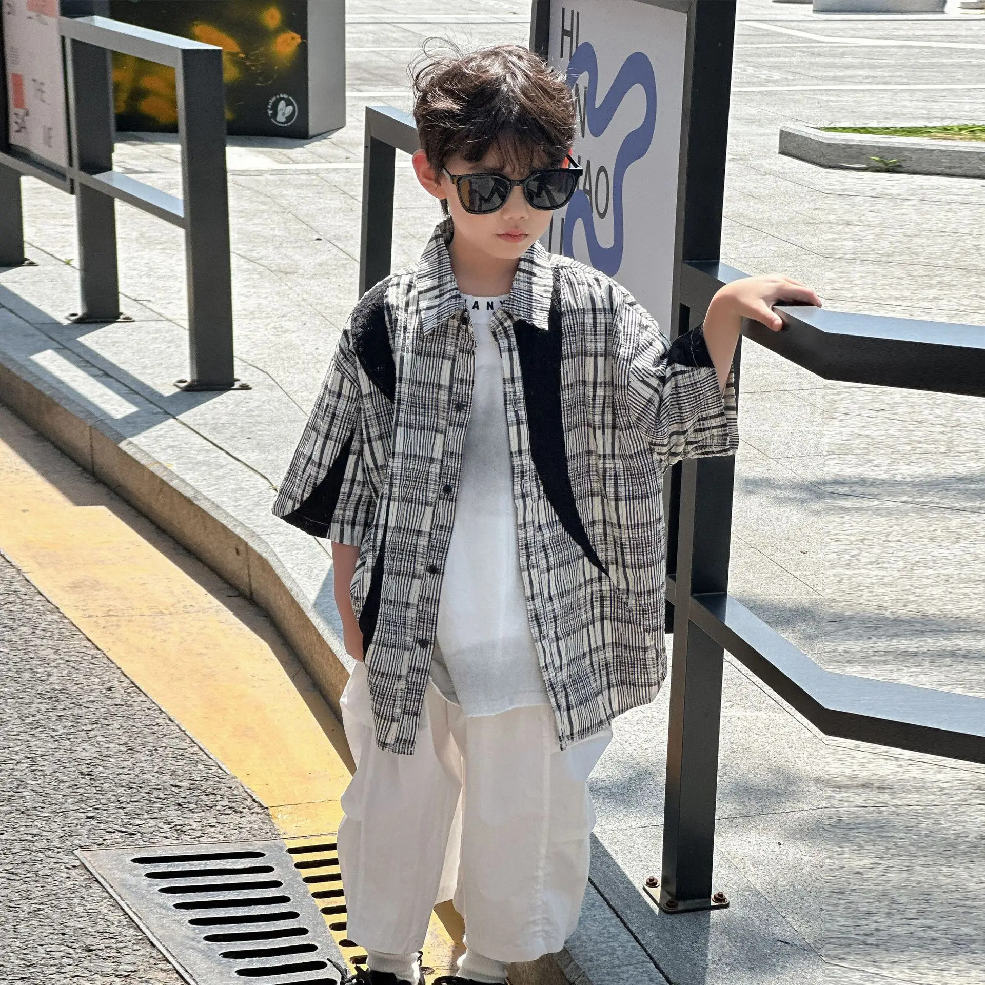 Kids Cotton Plaid Shirt White Pants Summer Wear 2025 — feature 9