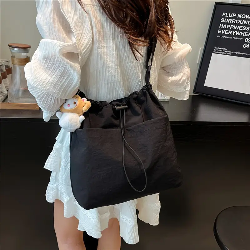 Women's Beige Drawstring Shoulder Bag with Cute Bear Earring - Image 10