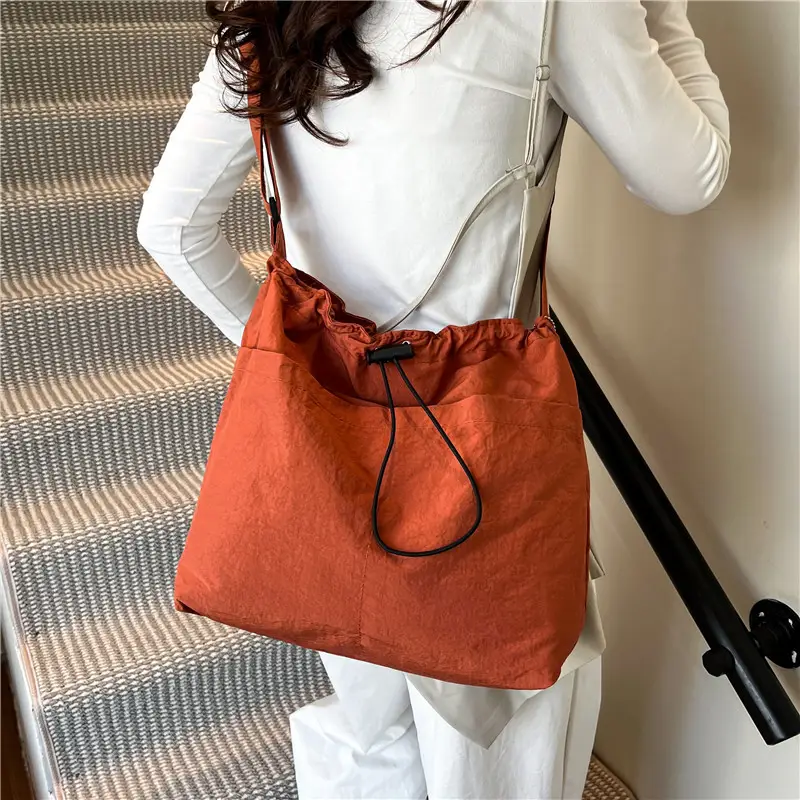 Women's Beige Drawstring Shoulder Bag with Cute Bear Earring - Image 11