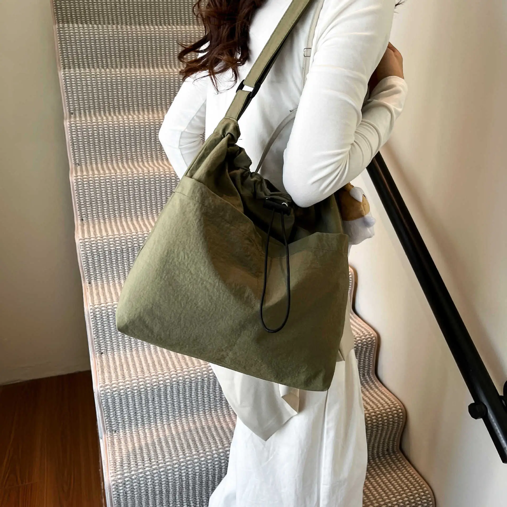 Women's Beige Drawstring Shoulder Bag with Cute Bear Earring - Image 12