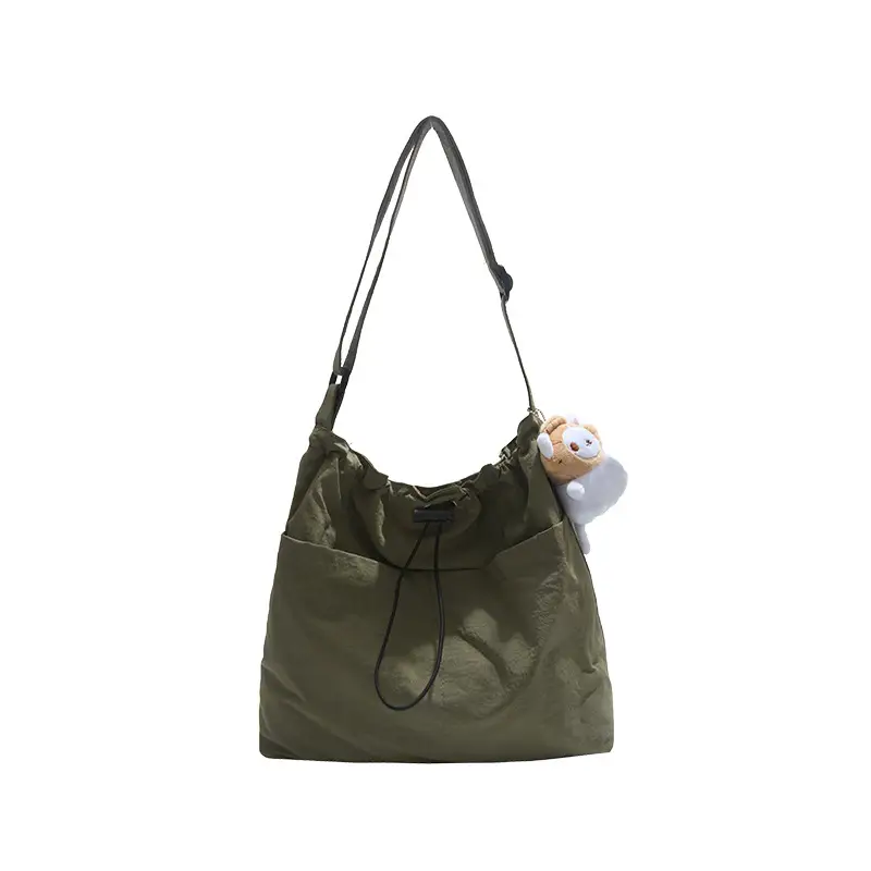 Women's Beige Drawstring Shoulder Bag with Cute Bear Earring - Image 13