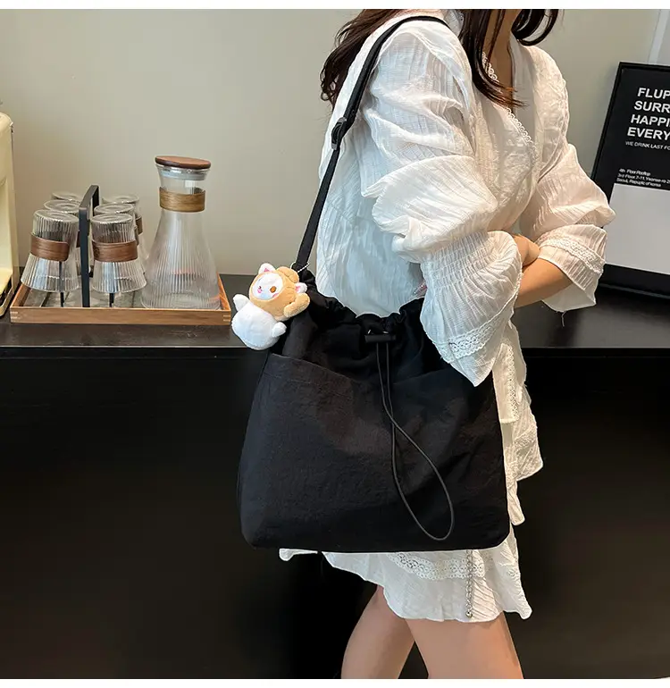 Women's Beige Drawstring Shoulder Bag with Cute Bear Earring — feature 29