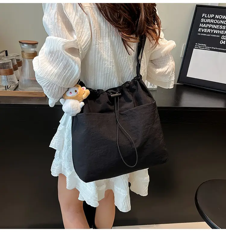 Women's Beige Drawstring Shoulder Bag with Cute Bear Earring — feature 30