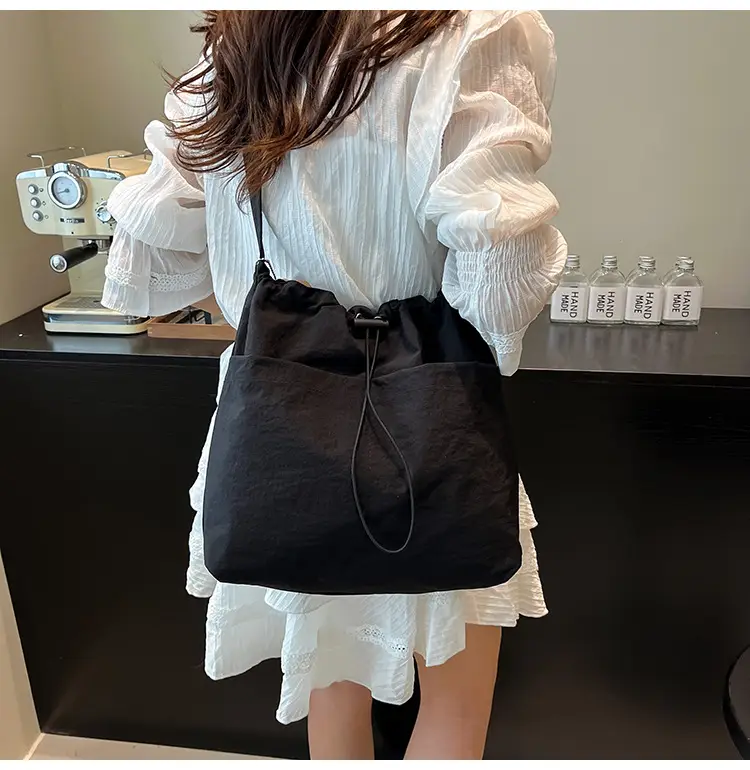 Women's Beige Drawstring Shoulder Bag with Cute Bear Earring — feature 31