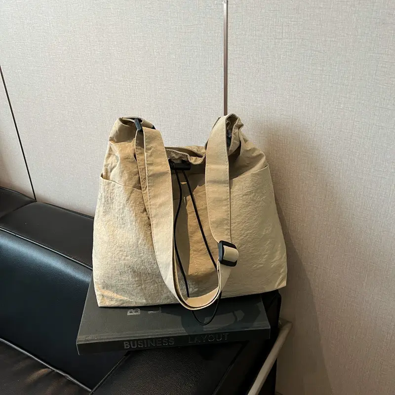 Women's Beige Drawstring Shoulder Bag with Cute Bear Earring - Image 2