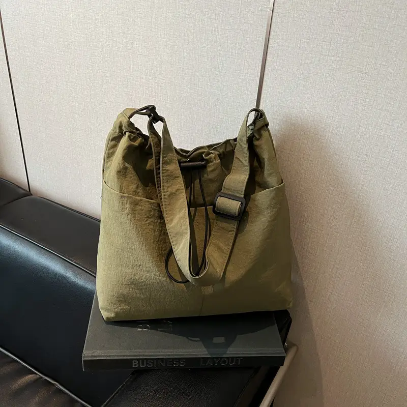 Women's Beige Drawstring Shoulder Bag with Cute Bear Earring - Image 4