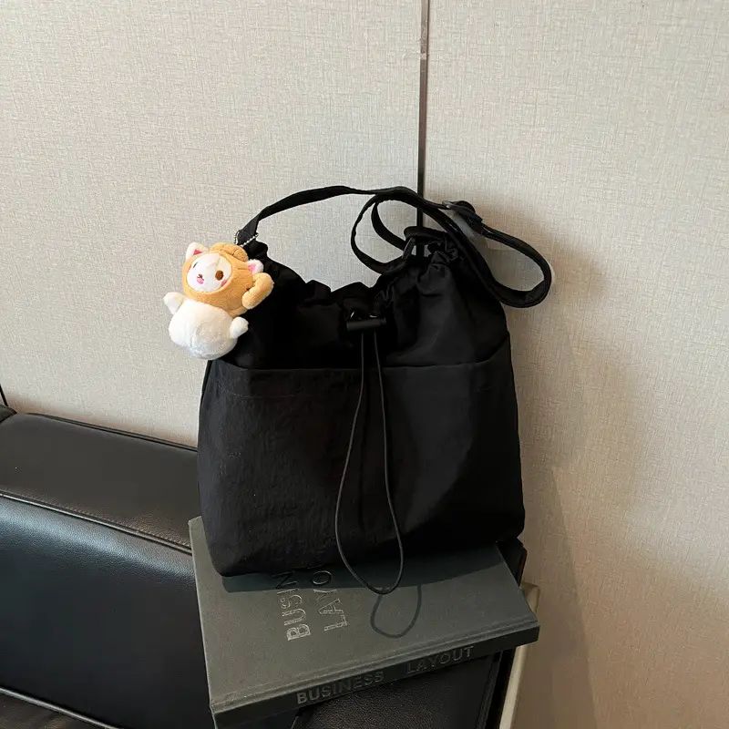 Women's Beige Drawstring Shoulder Bag with Cute Bear Earring - Image 5