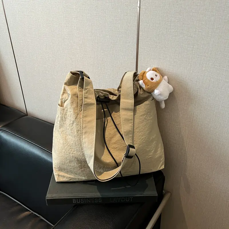 Women's Beige Drawstring Shoulder Bag with Cute Bear Earring - Image 6
