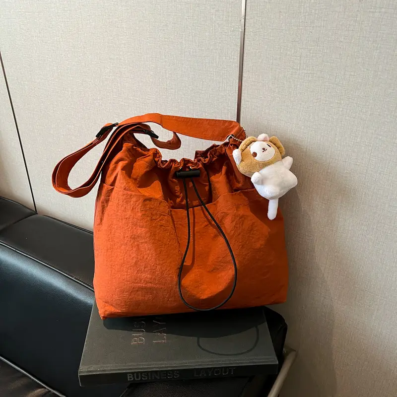 Women's Beige Drawstring Shoulder Bag with Cute Bear Earring - Image 7
