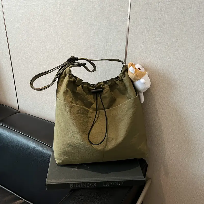 Women's Beige Drawstring Shoulder Bag with Cute Bear Earring - Image 8