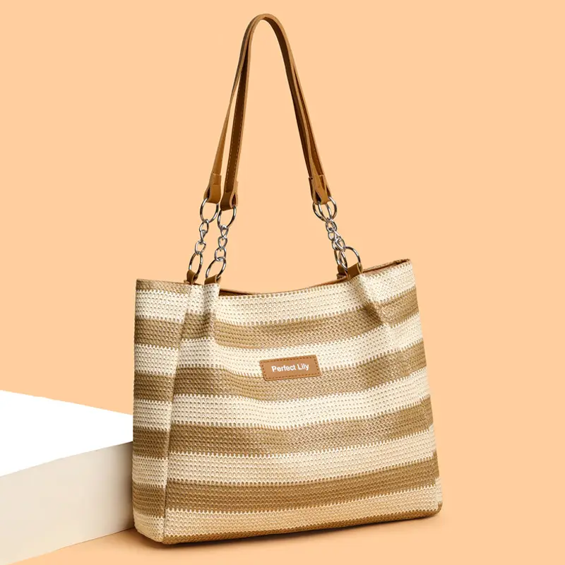 Women Cross Border Straw Tote Bag Red White Striped - Image 5