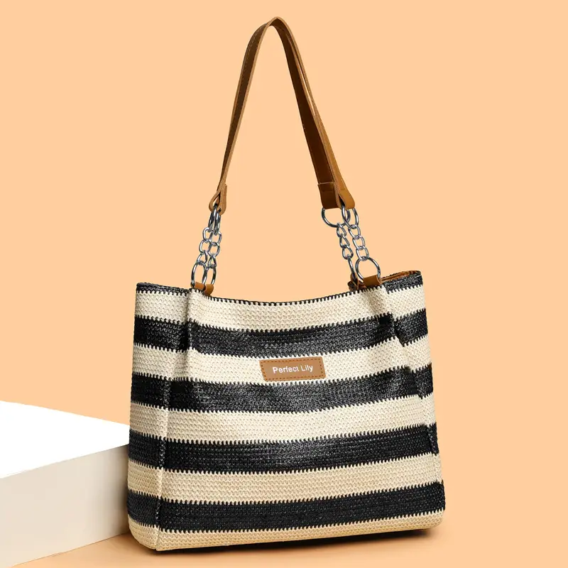 Women Cross Border Straw Tote Bag Red White Striped - Image 6