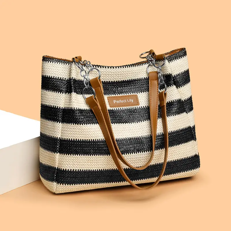 Women Cross Border Straw Tote Bag Red White Striped - Image 7