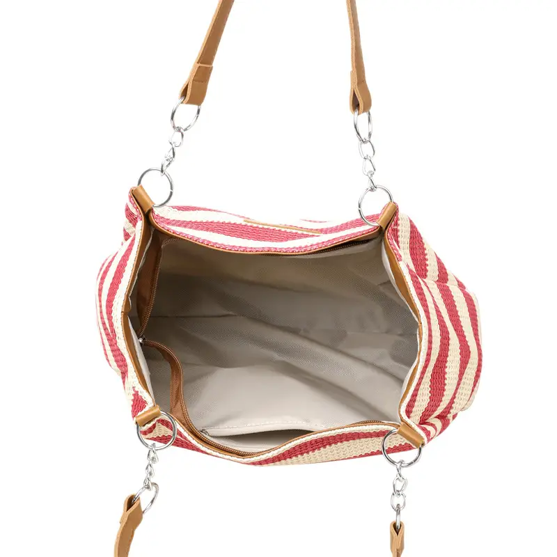 Women Cross Border Straw Tote Bag Red White Striped - Image 8