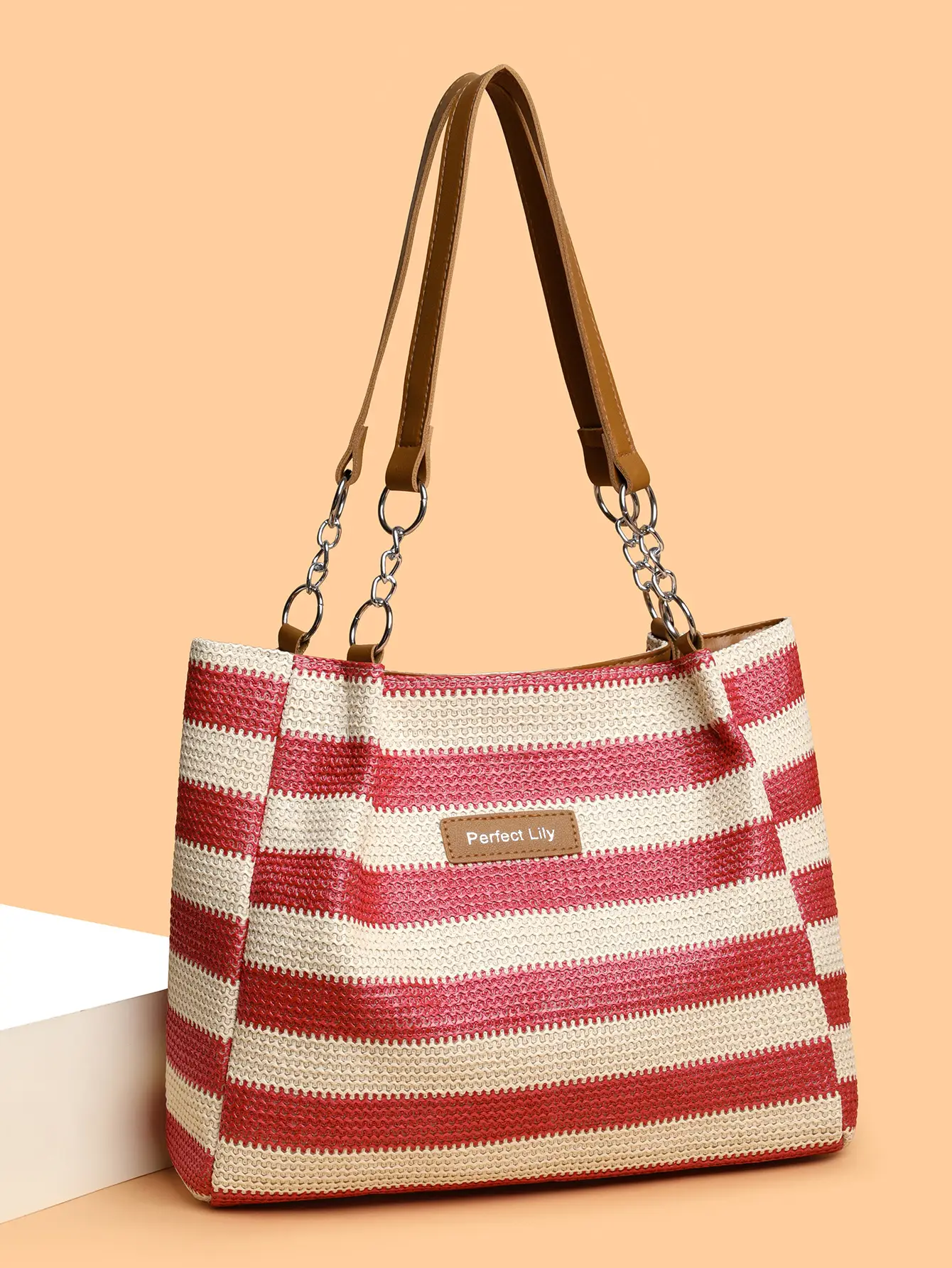 Women Cross Border Straw Tote Bag Red White Striped — feature 2