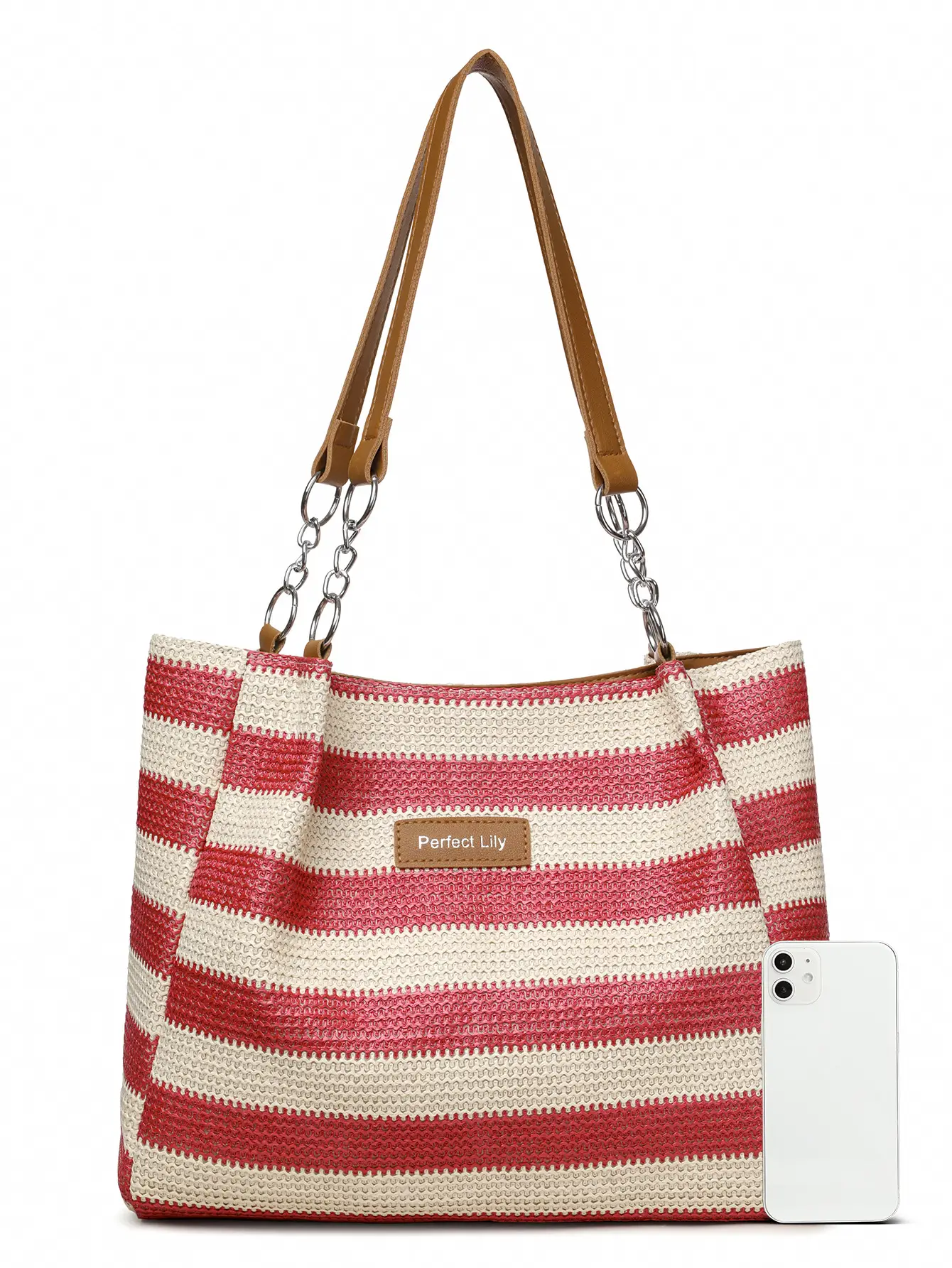 Women Cross Border Straw Tote Bag Red White Striped — feature 22