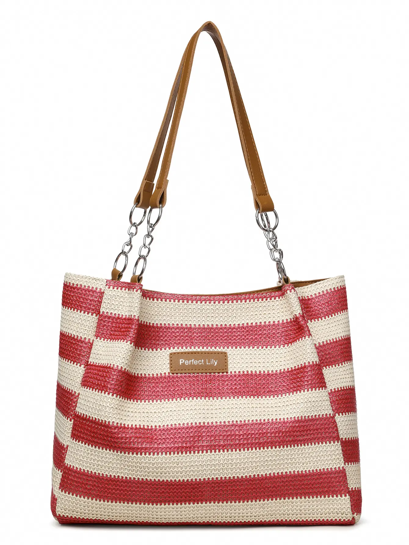 Women Cross Border Straw Tote Bag Red White Striped — feature 23