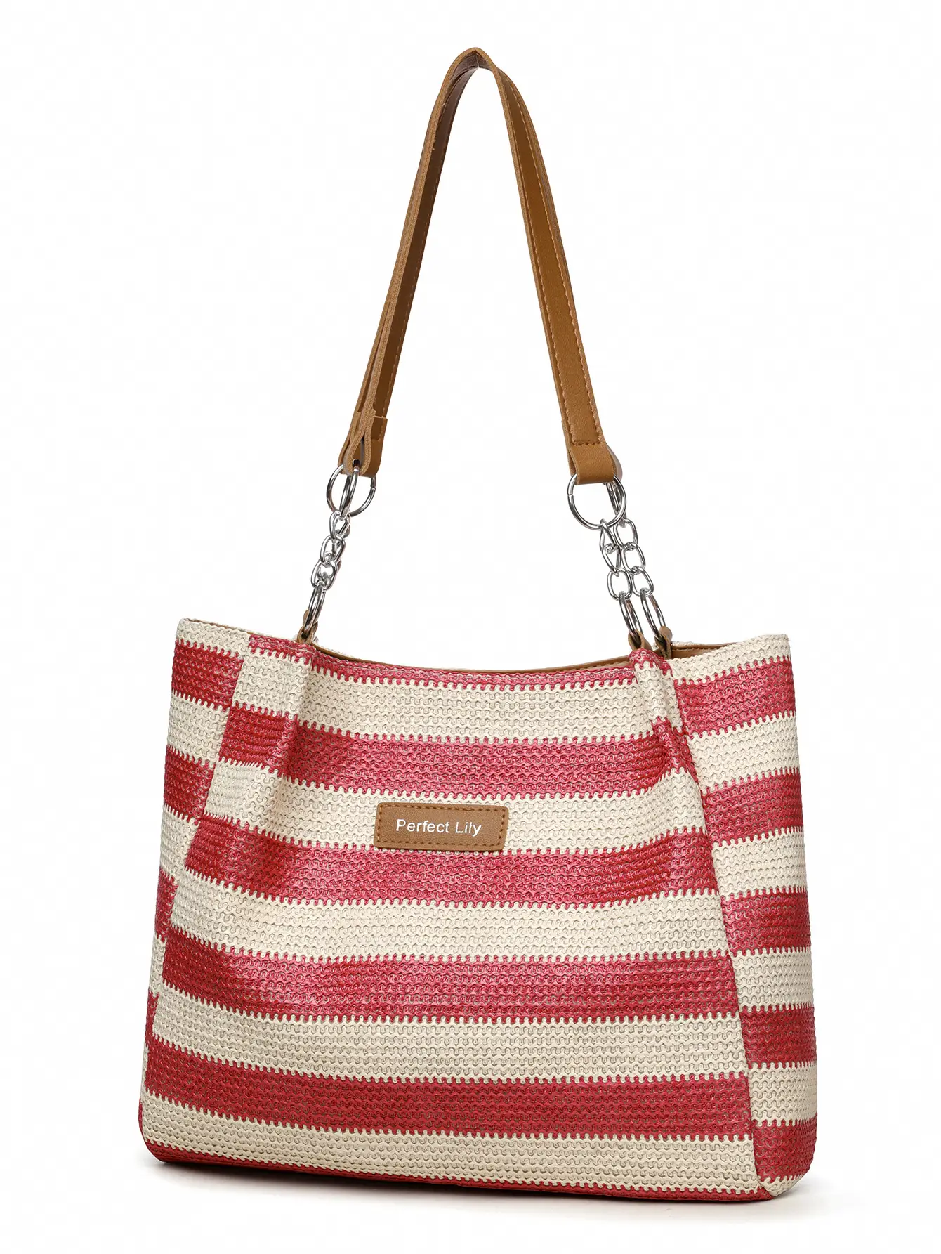 Women Cross Border Straw Tote Bag Red White Striped — feature 24