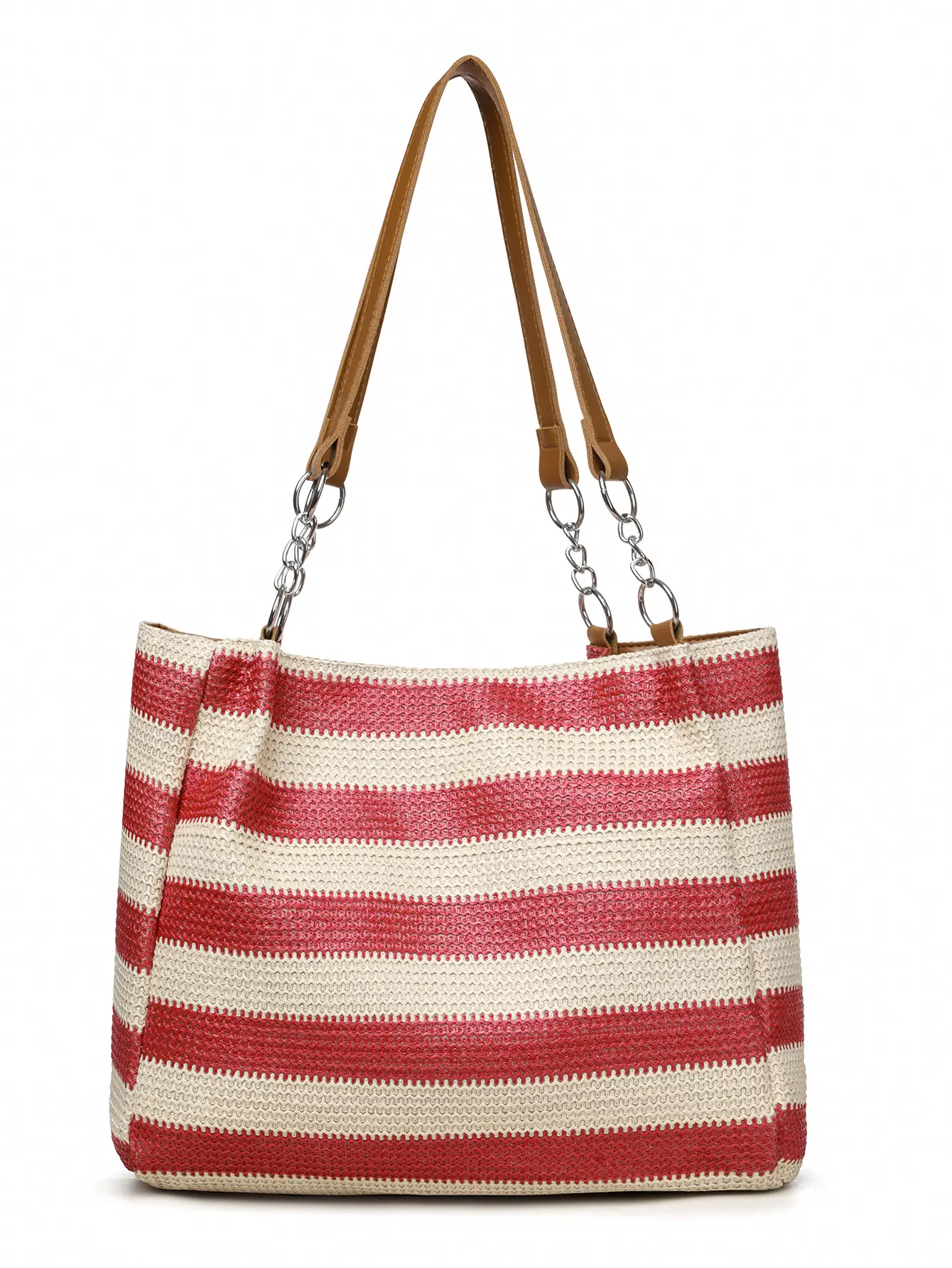 Women Cross Border Straw Tote Bag Red White Striped — feature 26