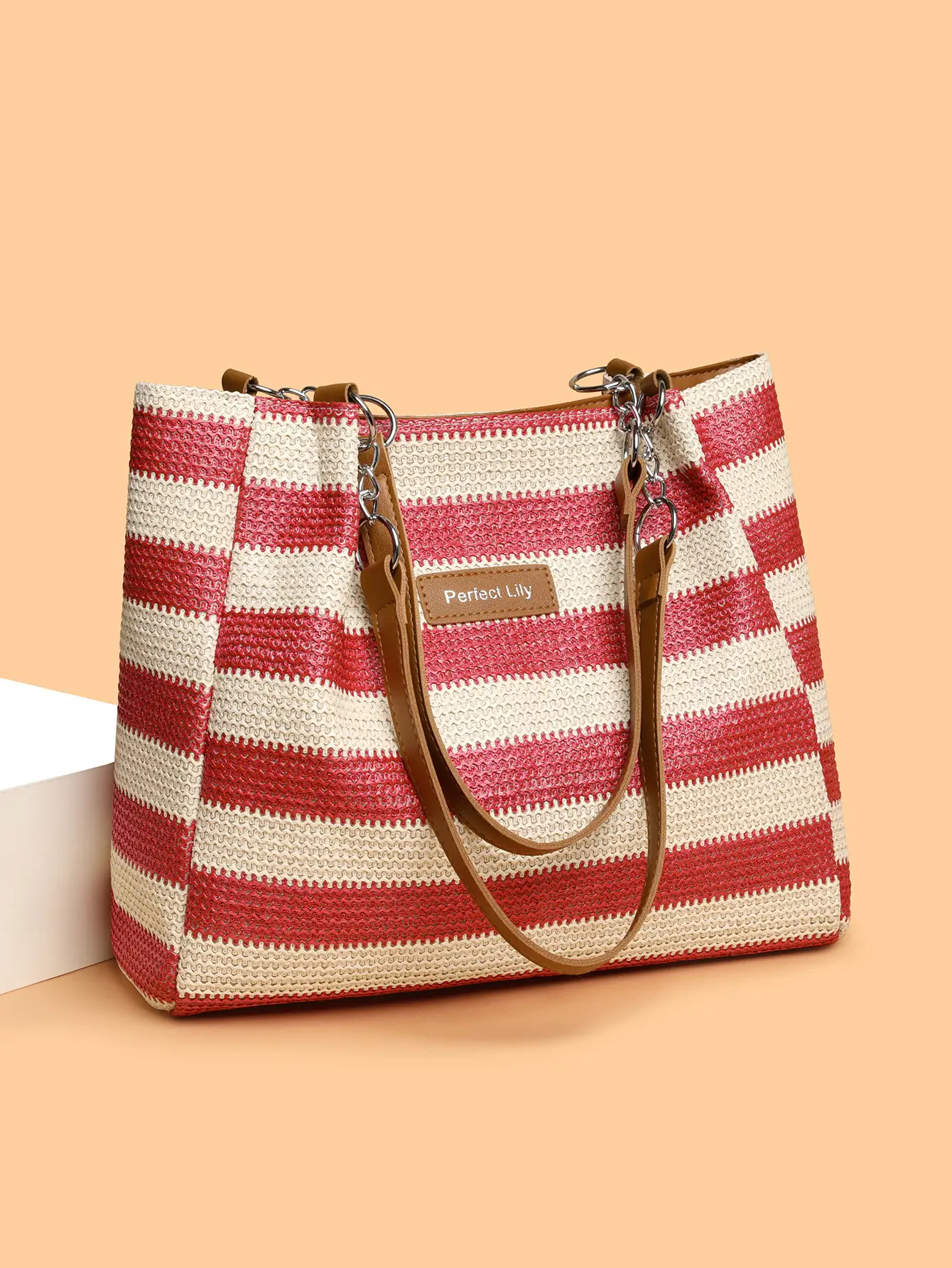 Women Cross Border Straw Tote Bag Red White Striped — feature 3